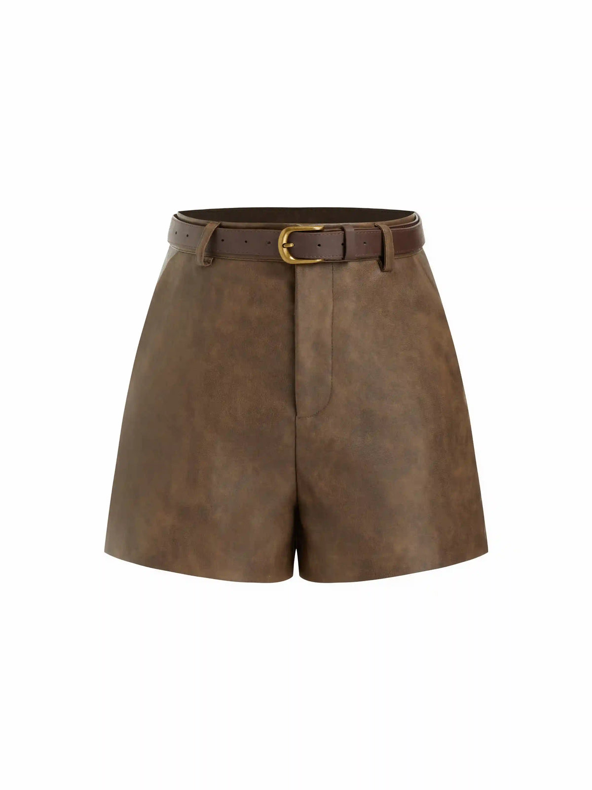 Faux Leather Mid Rise Shorts With Belt