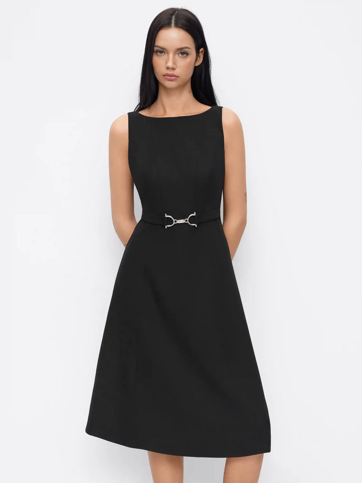 Boat Neck Ruffle A-line Midi Dress With Belt