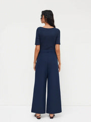 Boat Neck Button Mid-length Sleeve Jumpsuit