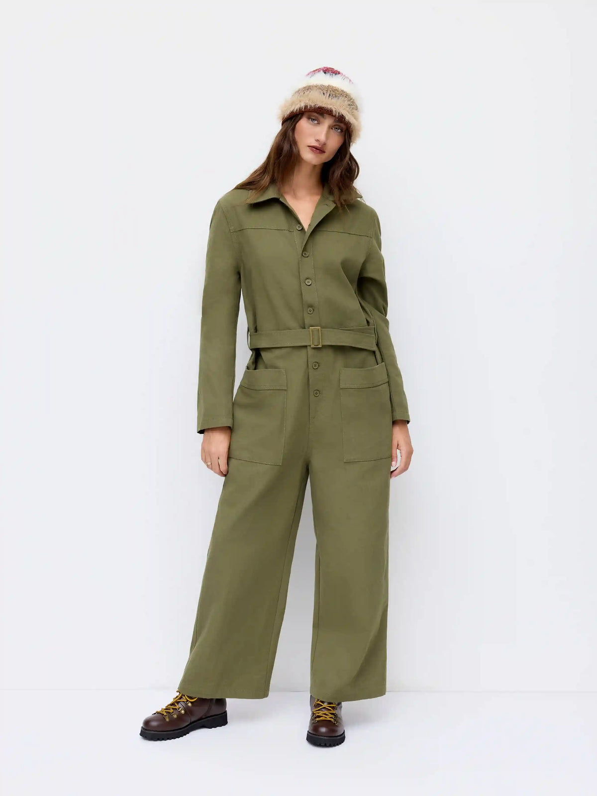 Cotton-blend Collar Straight Leg Cropped Cargo Jumpsuit With Belt