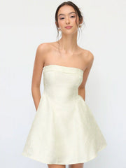 Jacquard Floral Bowknot Ruffle Bandeau Mini Dress
