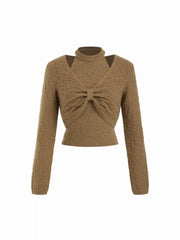 Knit V-neck Bowknot Crop Top & Knit High Neck Top