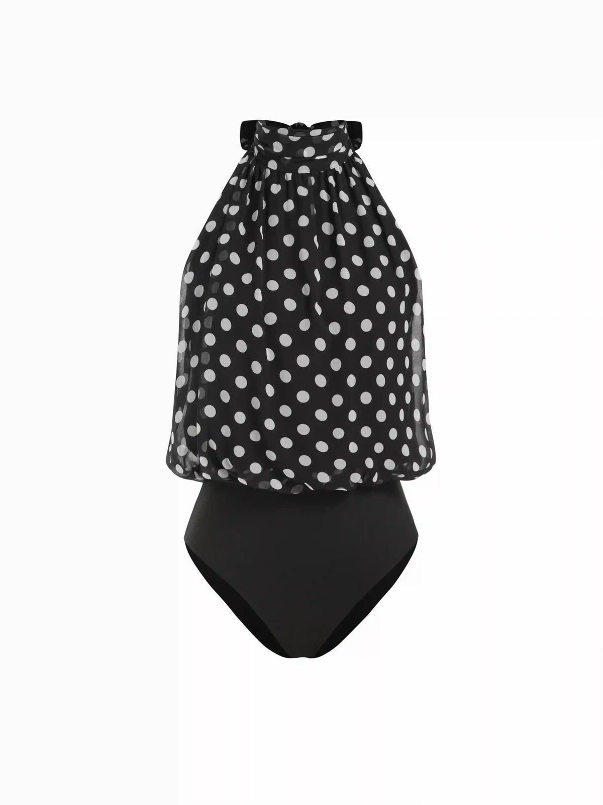 Chiffon Polka Dot Halter Neckline Ruched Shirt Bodysuit