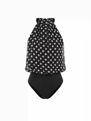 Chiffon Polka Dot Halter Neckline Ruched Shirt Bodysuit