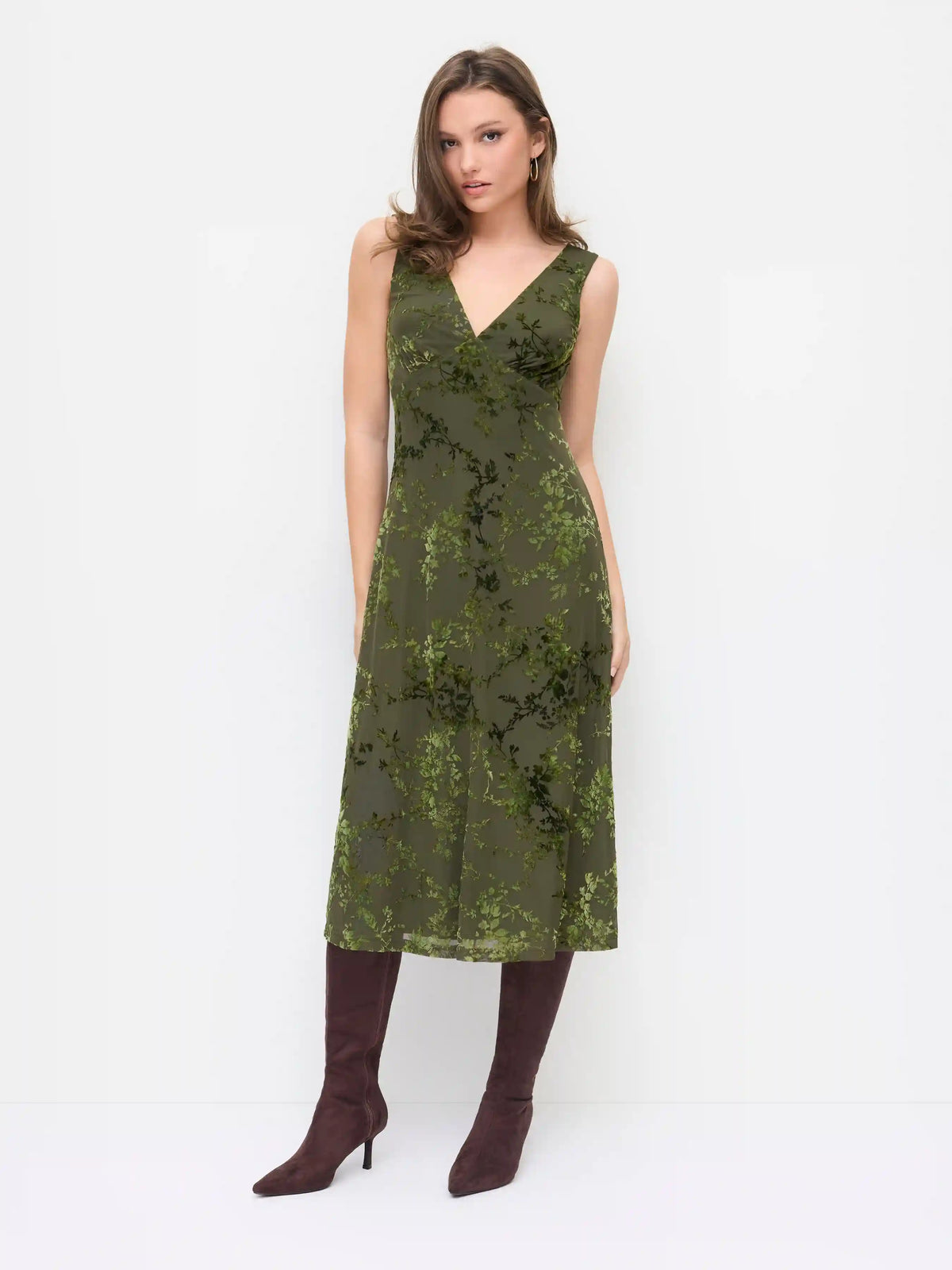 Mesh V-neck Floral Flared Midi Dress