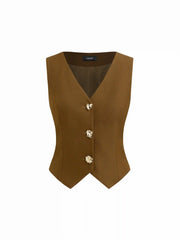 V-neck Metal Button Belted Asymmetrical Hem Blazer Vest