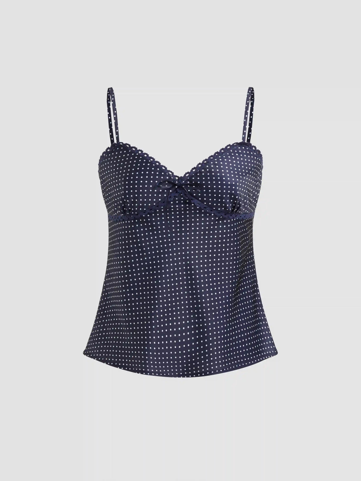 Sweetheart Neckline Polka Dot Lace Trim Knotted Cami Top