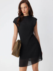 High Stretch Stand Collar Ruffled Texture A-line Mini Dress & Cami Mini Dress Set