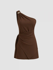 Asymmetrical Neck Metal Detail Draped Mini Dress