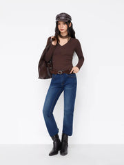 Cotton-blend Colorblock Halter V-neck Long Sleeve Ruched Bodysuit