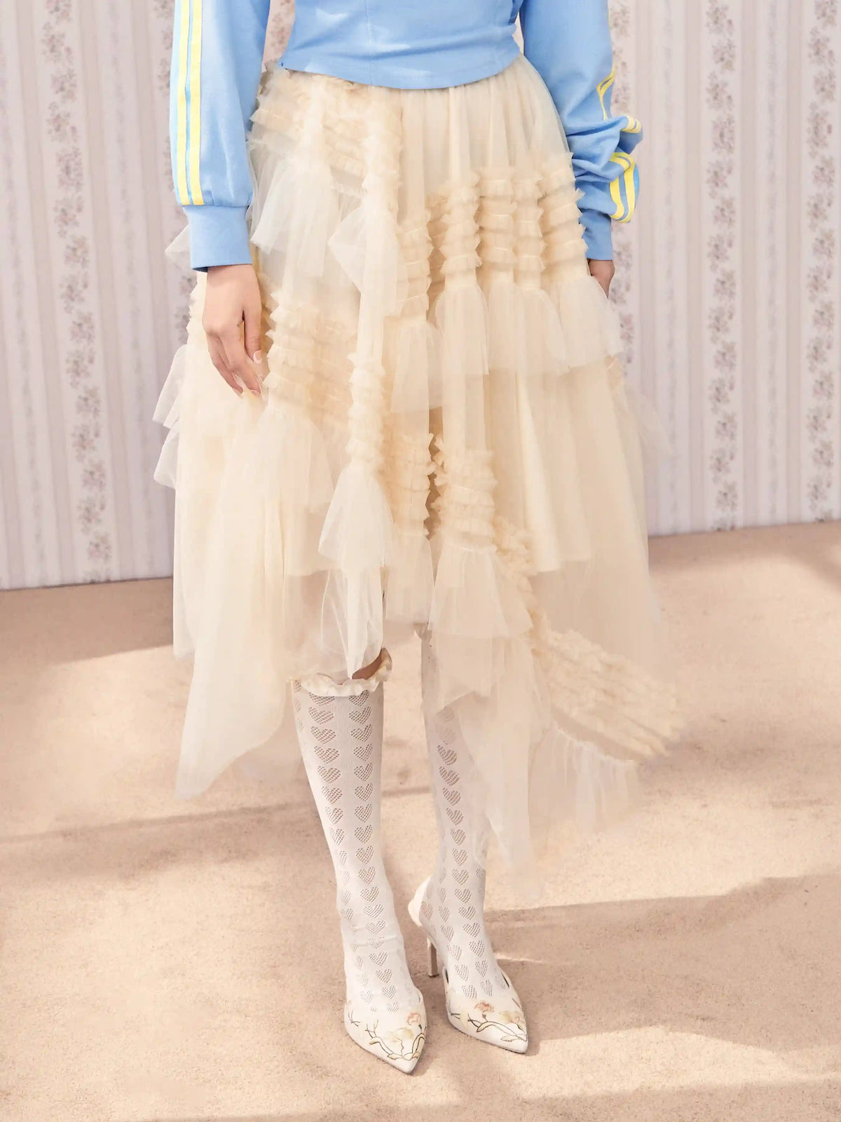 Voluminous Mesh Mid Rise Tulle Tiered Asymmetrical Ruffle Hem Midi Skirt
