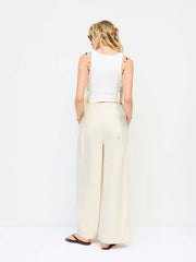 Denim Mid Rise V-neck Backless Pearl Detail Wide Leg Oversized Jumpsuit