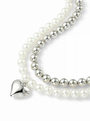 DOUBLE-LAYER FAUX PEARL BEADED HEART PENDANT NECKLACE