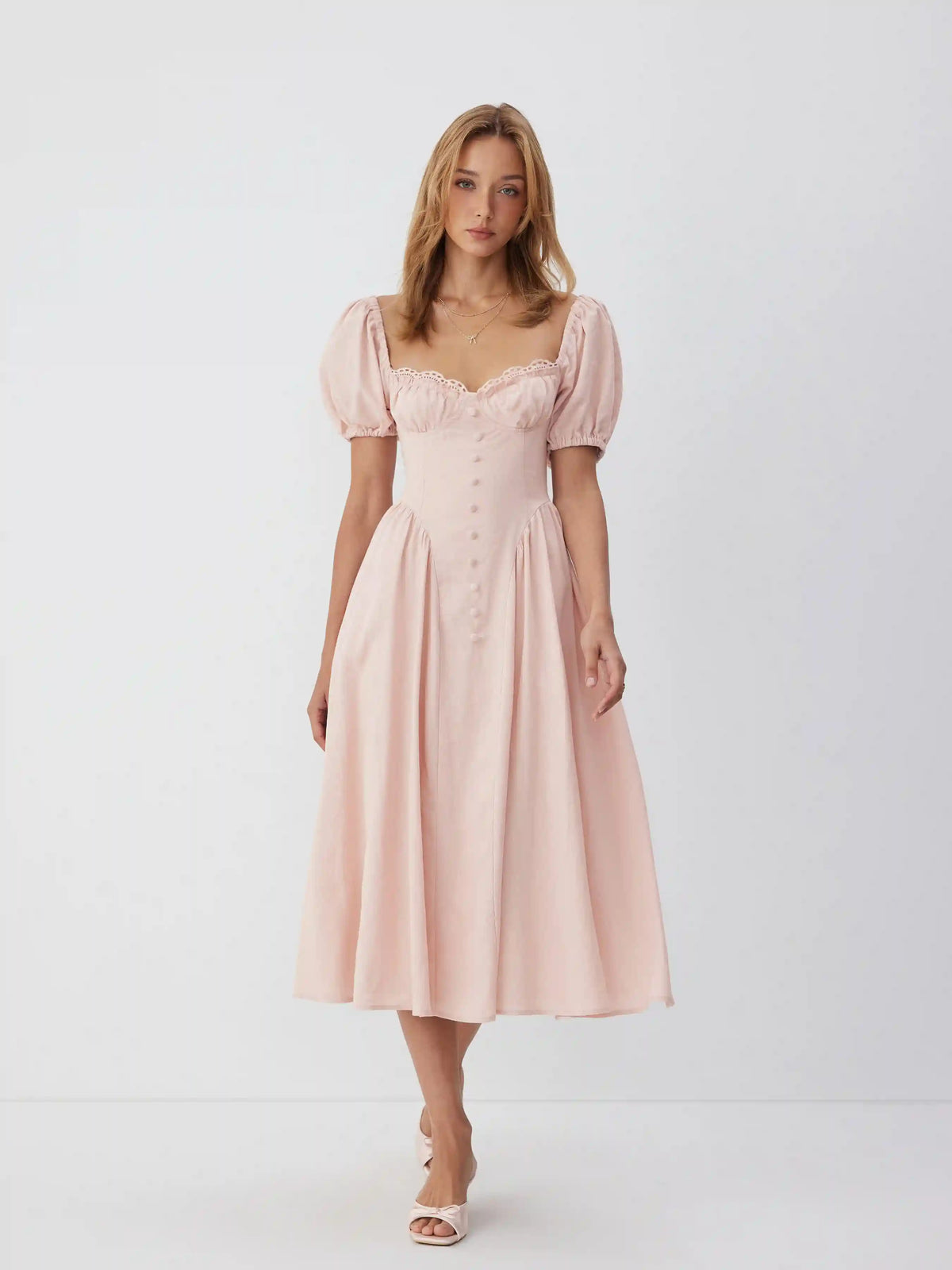 Linen-blend Sweetheart Neck Puff Sleeve Draped Lace Up Milkmaid Maxi Dress