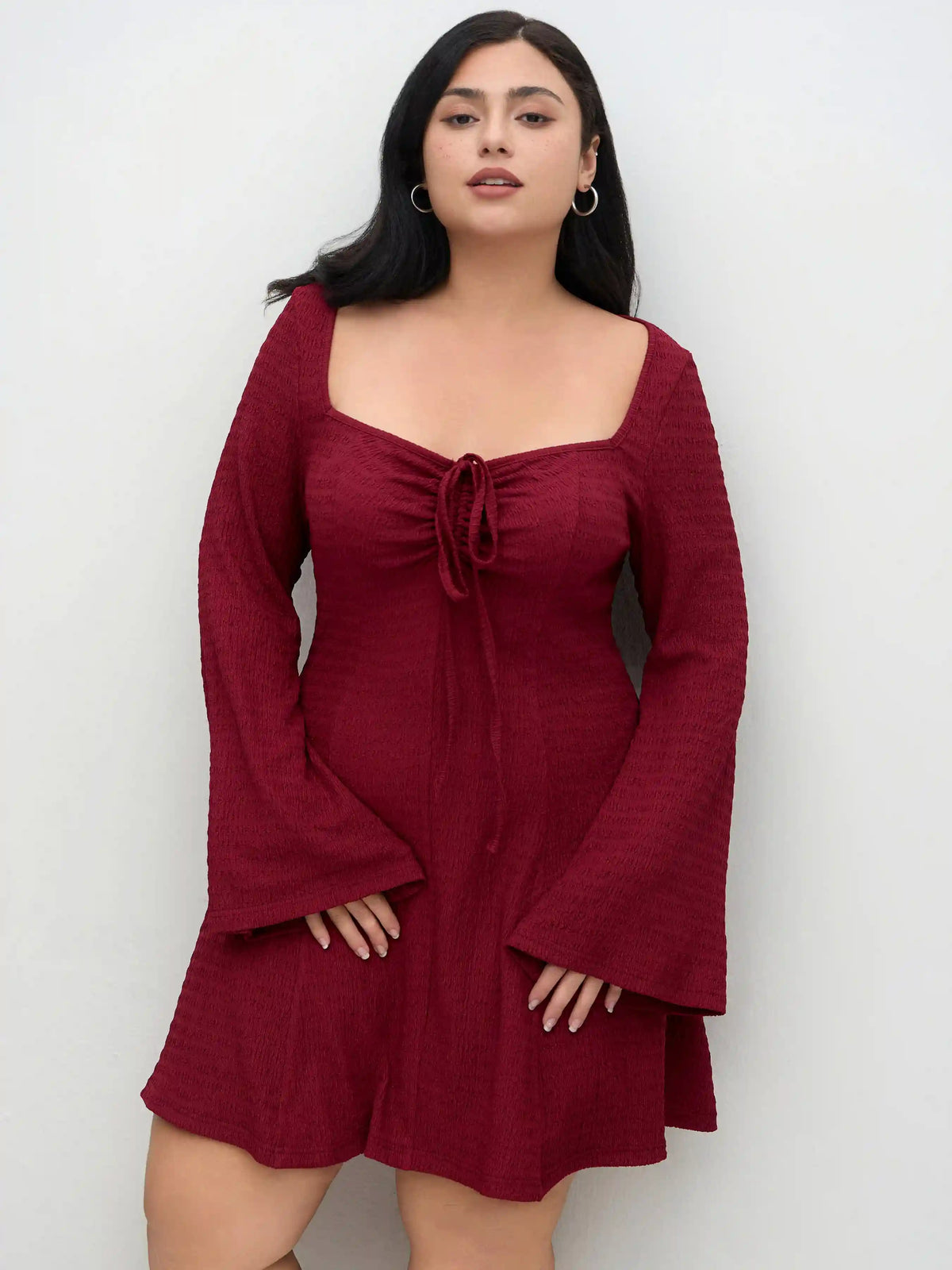 Sweetheart Knotted Texture Bell Sleeve Mini Dress Curve & Plus