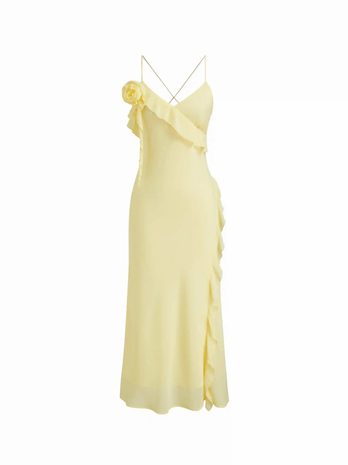 Rosette Ruffle Hem V-neck Backless Maxi Dress