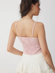 Cotton-blend Gingham Sweetheart Shirred Lace Trim Cami Top