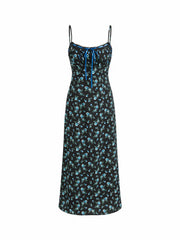 Square Neck Ditsy Floral Bowknot Straight Maxi Dress