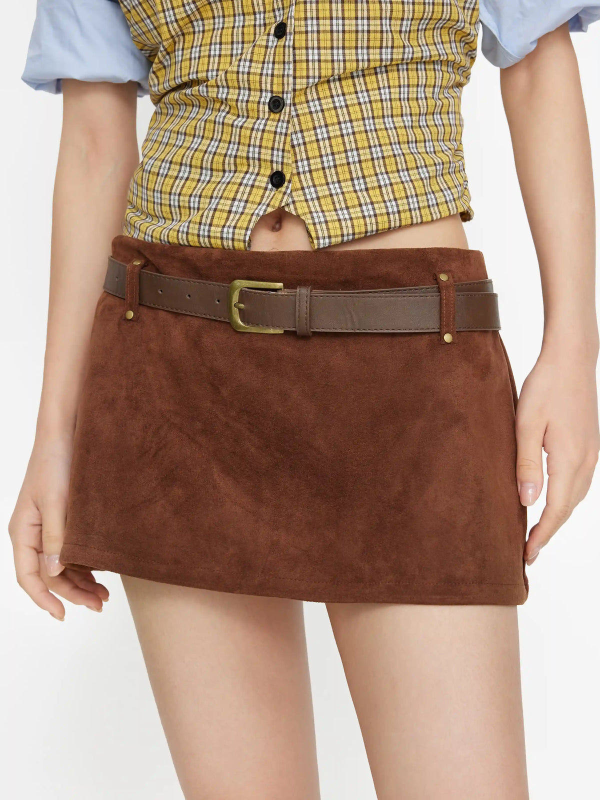 Suede Low Rise Mini Skirt With Belt