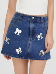 High Stretch Cider Denim Mid Rise Sequin Bowknot Micro Mini Skirt