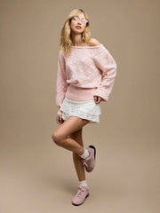 Two Way Knit Boat Neck Pointelle Oversized Long Sleeve Top