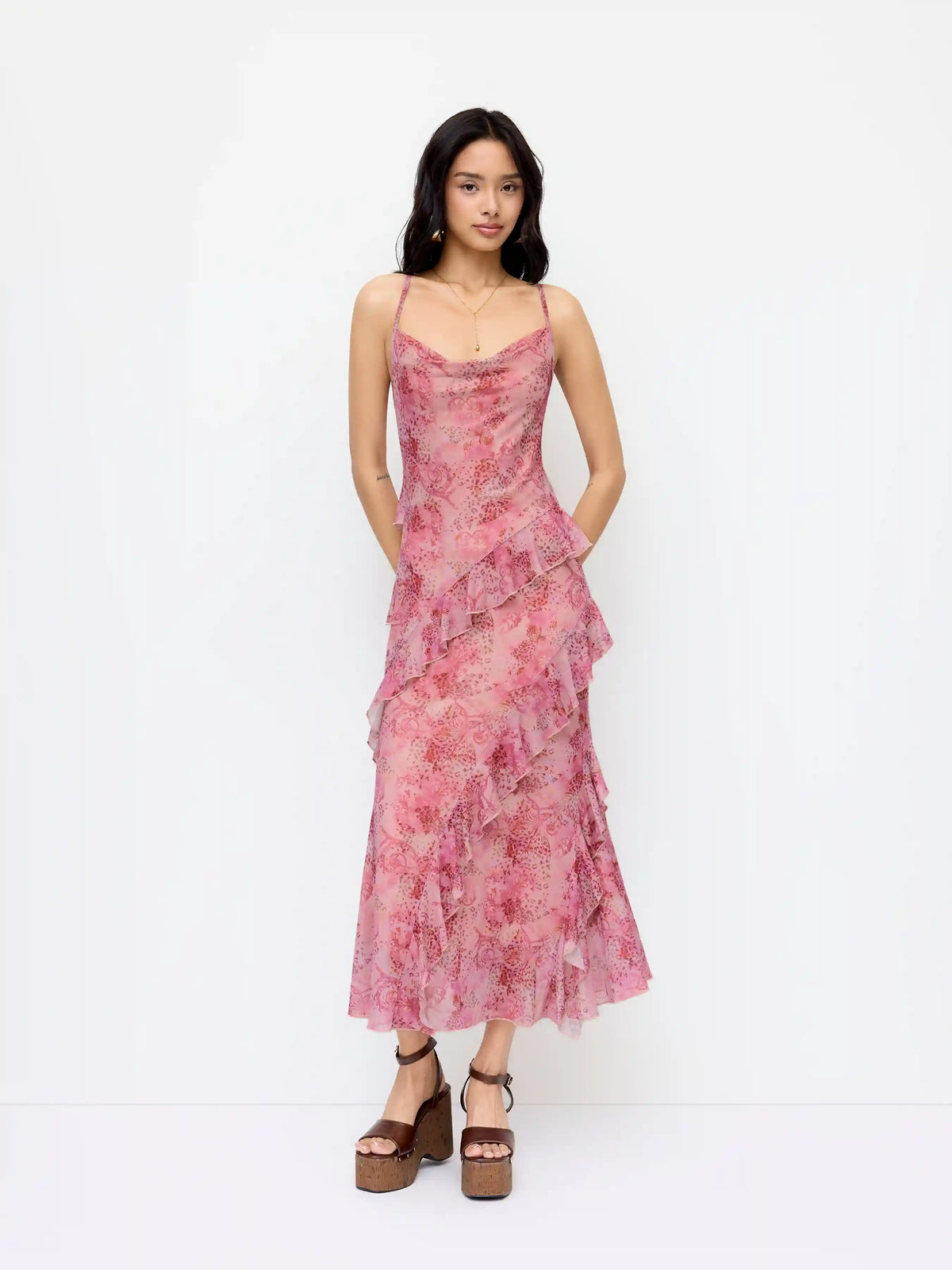 Mesh Floral Cowl Neck Ruffled Mermaid Maxi Dress