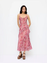 Mesh Floral Cowl Neck Ruffled Mermaid Maxi Dress