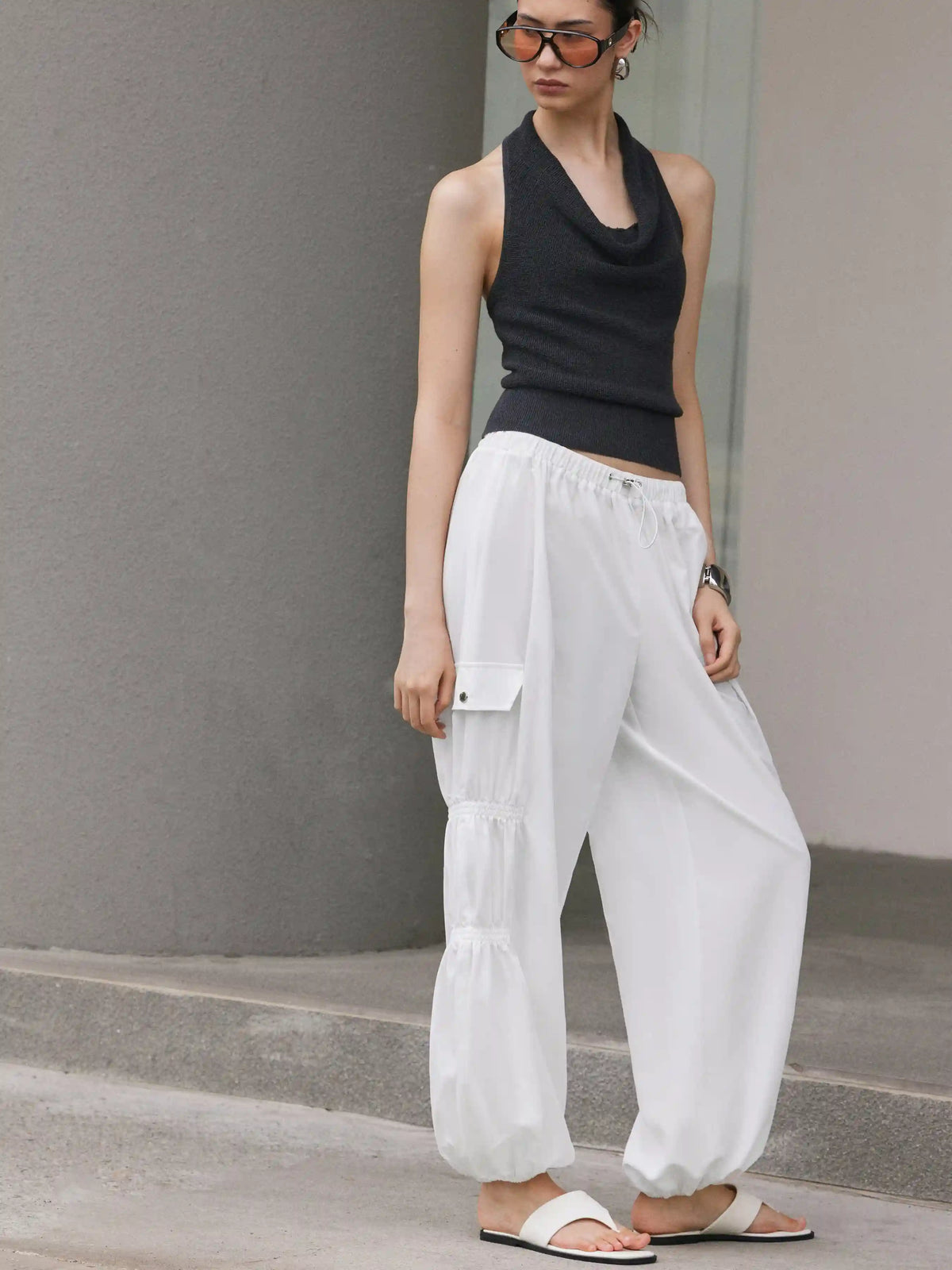 Mid Rise Ruched Drawstring Cargo Jogger Trousers