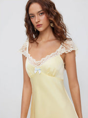 Satin Sweetheart Ruffle sleeve Lace Panel Bowknot Ruched Mermaid Maxi Dress