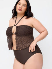 Lace Halter Neck Tankini & Full Coverage Bikini Bottoms With Sheer Skirt Three-piece Bikini Set Curve & Plus