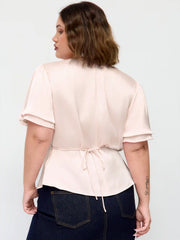 Lace Trim V-Neck Drawstring Short Sleeve Blouse Curve & Plus