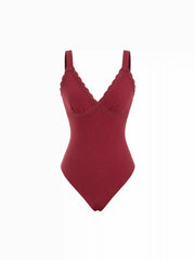 Cotton-blend V-Neck Lace Ruched Bodysuit