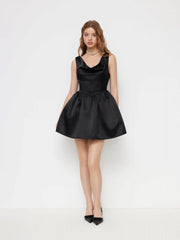 Satin Cowl Neck Ruched Zipper Mini Tank Dress