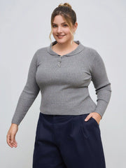Knit Collar Solid Button Long Sleeve Top Curve & Plus