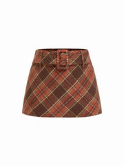 Wool-look Low Rise Plaid A Line Mini Skirt With Belt