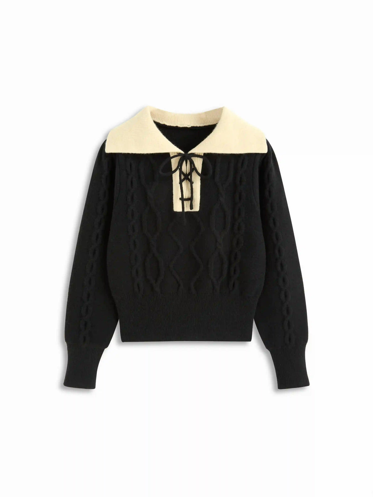 Cable Knit Collar Colorblock Lace Up Long Sleeve Top