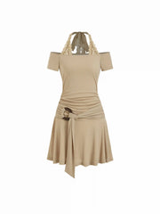 Halter Neck Lace Panel O-Ring Ruched Flared Mini Dress