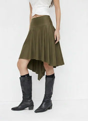 Suede Mid Rise Ruffle Hanky Hem Midi Skirt