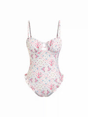Floral Geometric Sweetheart Ruched Ruffle Hem Cut Out One Piece Swimsuit