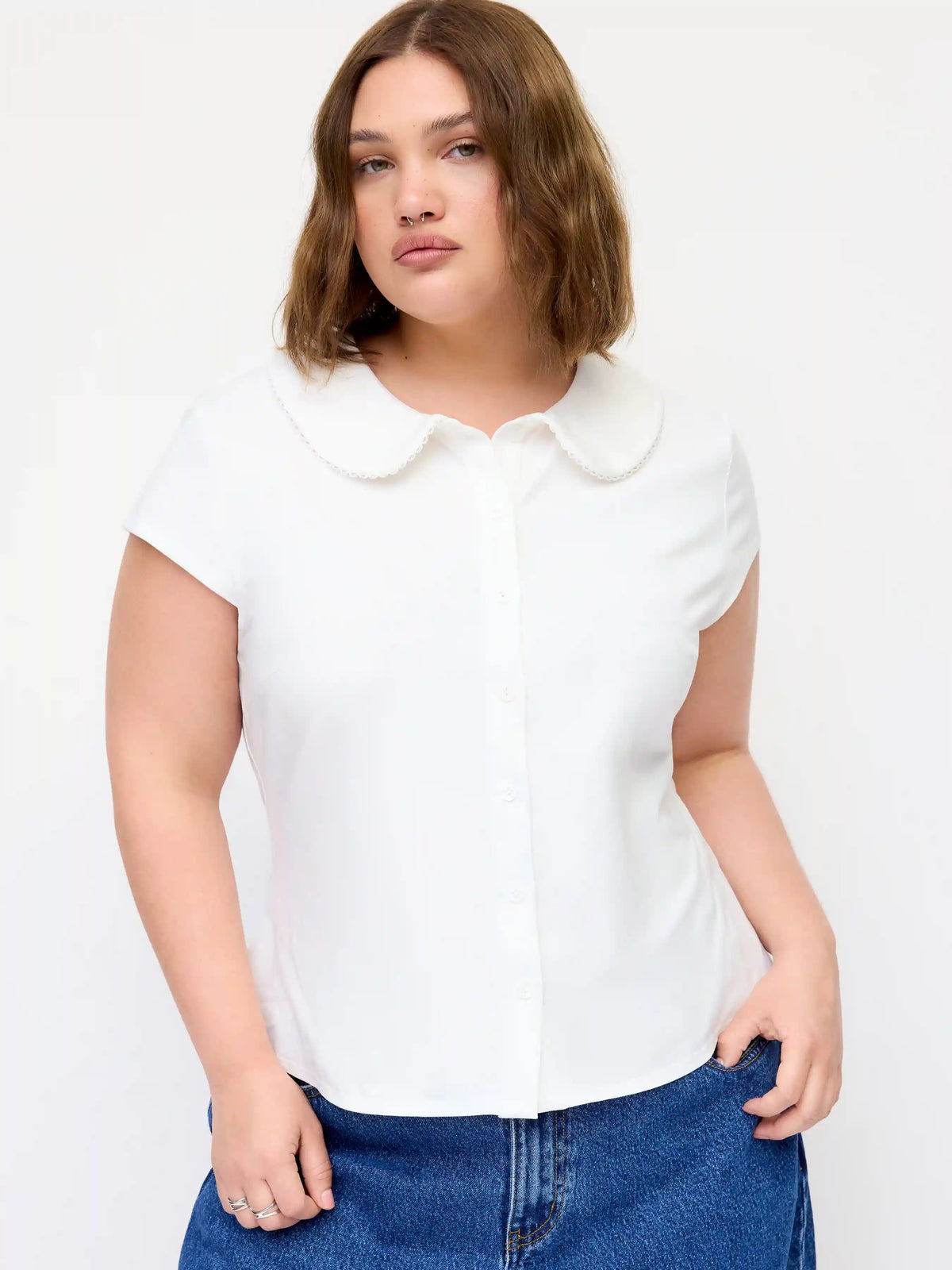 Cotton-blend Collar Lace Trim Button Front Tee Curve & Plus