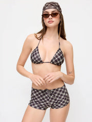 Halter Neckline Check Knotted Triangle Tie Side Bikini Set With Cover Up Shorts & Headscarf