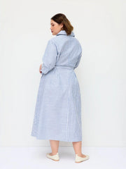 Cotton-blend Striped Short Sleeve Draped Belted Shirt Midi Dress Curve & Plus