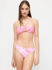 Floral Halter Neck Bandeau Top & Low Rise Bikini Bottoms With Ruffled Wrap Skirt 3 Piece Bikini Set