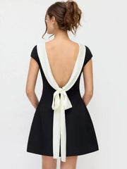 Colorblock Boat Neck Backless Bowknot A-line Mini Dress
