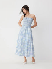 Gingham Strapless Shirred Knotted Ruffle Trim Tiered Maxi Dress