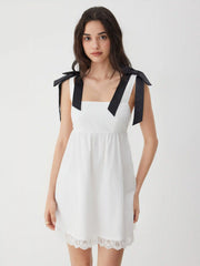 Cotton Square Neck Bowknot Lace Trim A-line Mini Dress