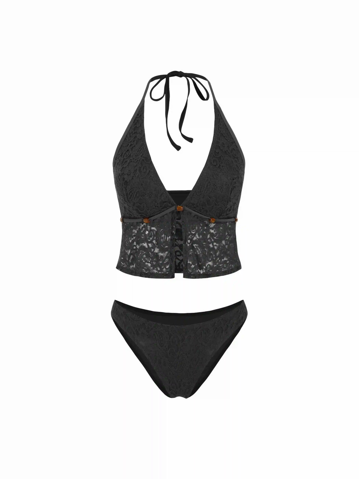 Lace Halter Neckline Floral Cheeky Bikini Set With Beaded Detail