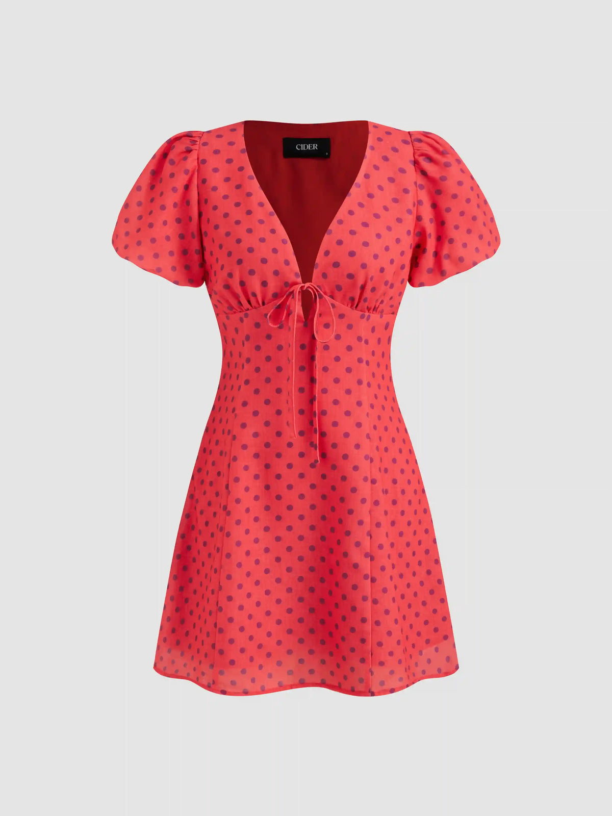 V-neck Puff Sleeve Polka Dot Knotted Mini Dress