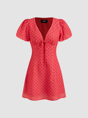 V-neck Puff Sleeve Polka Dot Knotted Mini Dress