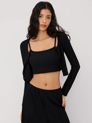 U-neckline Button Solid Cardigan & Crop Tank Top & Elastic Waist Trousers Matching Set